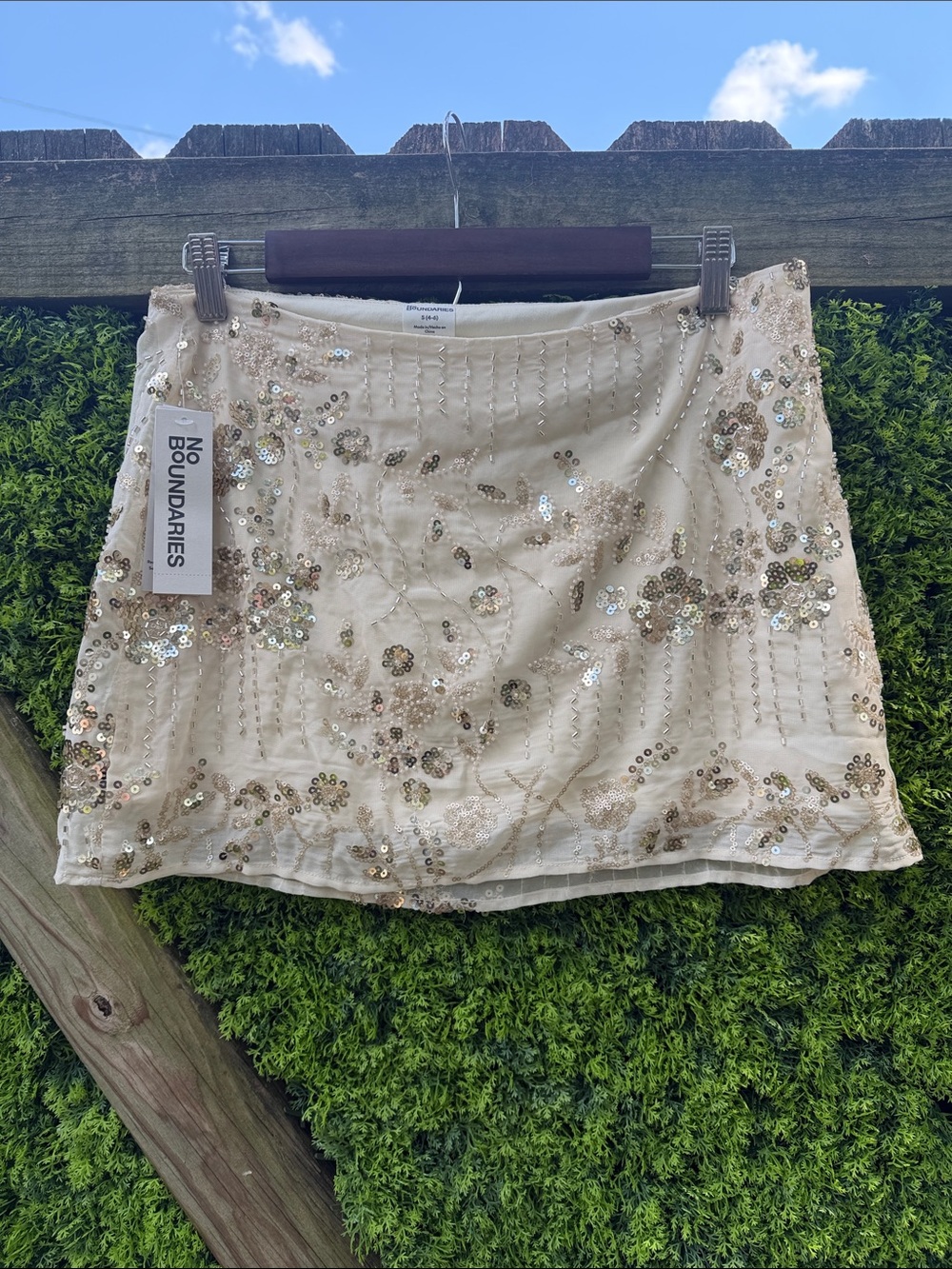 No Boundaries Cream Mini Skirt with Gold Sequin Floral Embroidery NWT